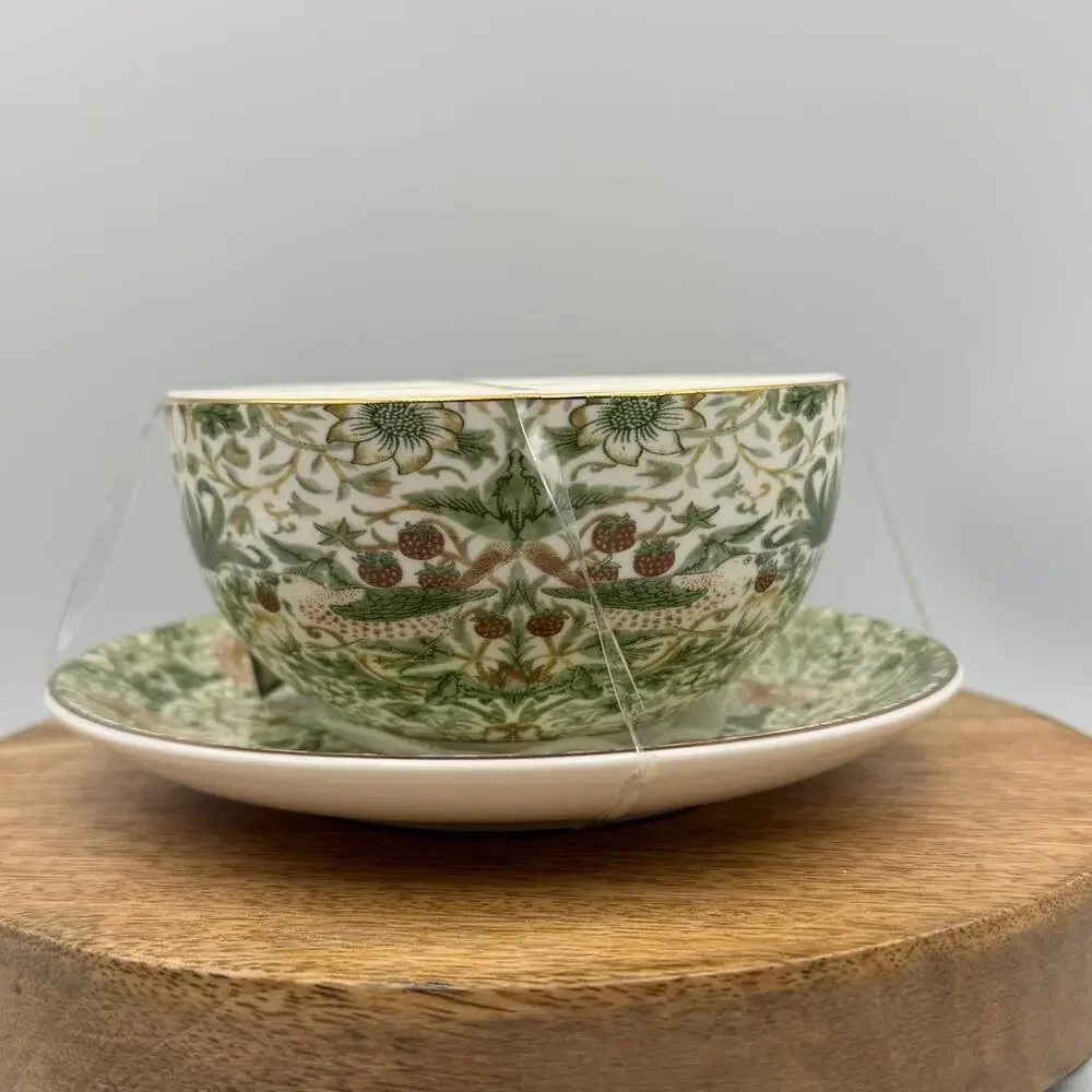 William Morris & Co Strawberry Thief Green Floral Teacup & Saucer Set NWT